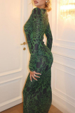 Green Graphics Print Deep V Neck Long Sleeve Long Formal Evening Party Prom Bodycon Maxi Dresses