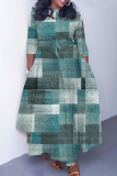 Blue Casual Faux Denim Print O Neck 3/4 Sleeve Belted Pockets Long Vacation Pleated Maxi Dresses