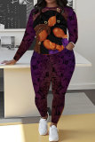 Brown Casual Girl Print O Neck Long Sleeve Sweatshirt and Drawstring Sweatpants Two Pieces Sweatsuit Sets