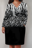 Green Flowers Faux Denim Print Deep V Neck Long Sleeve Women's Casual Outing Straight Loose Fit Tunic Plus Size Midi Dress with Pocket