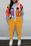 Dark Khaki Figure Print Hooded Long Sleeve Sweatshirt and Drawstring Sweatpants Two Pieces Sweatsuit Sets
