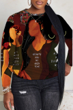 Dark Red Casual Figure Print O Neck Long Sleeve Fall Winter Sweatshirt