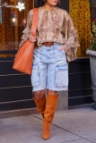 Blue High Waist Pocket Straight Casual Distressed Cropped Denim Cargo Shorts