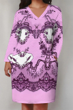Green Flowers Faux Denim Print Deep V Neck Long Sleeve Women's Casual Outing Straight Loose Fit Tunic Plus Size Midi Dress with Pocket