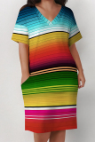 White Stripe Flowers Landscape Print V Neck Short Sleeve Long Casual Outing Straight Loose Plus Size Midi Dress with Pocket