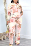 Khaki Floral Print Hooded Long Sleeve Sweatshirt and Drawstring Sweatpants Two Pieces Sweatsuit Sets