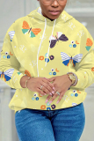 Green Casual Butterfly Flower Print Long Sleeve Fall Winter Hooded Sweatshirt