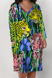 Yellowish Brown Animal Print Deep V Neck Long Sleeve Women's Casual Outing Straight Loose Fit Tunic Plus Size Midi Dress with Pocket