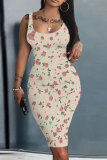 Blue Floral Print Sleeveless U Neck Knee Length Casual Outing Bodycon Vest Midi Dress
