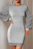 Light Gray Sequin Evening Party Gown O Neck Long Sleeve Wrapped Skirt Bodycon Glitter Prom Mini Dress
