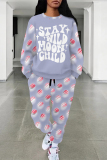 Rose Casual Butterfly Letters Geometric Print O Neck Long Sleeve Sweatshirt and Drawstring Sweatpants Two Pieces Sweatsuit Sets