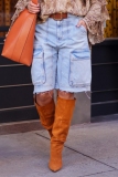 Blue High Waist Pocket Straight Casual Distressed Cropped Denim Cargo Shorts