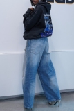 Blue High Waist Casual Outing Distressed Straight Leg Denim Jeans