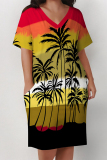 White Stripe Flowers Landscape Print V Neck Short Sleeve Long Casual Outing Straight Loose Plus Size Midi Dress with Pocket