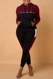 Claret Long Sleeve Hooded Sweatshirt And Skinny Pants Casual Sportwear Two Pieces Jogger Sets
