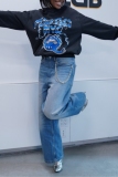 Blue High Waist Casual Outing Distressed Straight Leg Denim Jeans