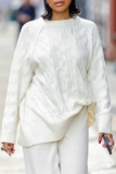 White O Neck Long Sleeve Casual Fall Oversize Knitted Sweater