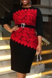 Black O Neck Long Sleeve Belted Waist Casual Formal Office Evening Party Cocktail Lace Bodycon Midi Dresses