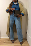 Blue High Waist Casual Outing Straight Leg Distressed Denim Jeans