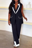 Black with White Patchwork Turndown Collar Sleeveless Blazer Vest and Wide Leg Pants Formal Office Two Pieces Suit Set