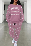 Rose Casual Butterfly Letters Geometric Print O Neck Long Sleeve Sweatshirt and Drawstring Sweatpants Two Pieces Sweatsuit Sets