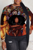 Dark Red Casual Figure Print O Neck Long Sleeve Fall Winter Sweatshirt