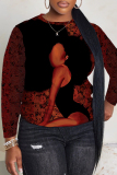 Dark Red Casual Figure Print O Neck Long Sleeve Fall Winter Sweatshirt