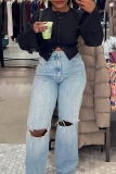 Blue High Waist Casual Straight Leg Distressed Ripped Denim Jeans