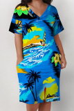 White Stripe Flowers Landscape Print V Neck Short Sleeve Long Casual Outing Straight Loose Plus Size Midi Dress with Pocket