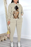 White Figure Print Hooded Long Sleeve Sweatshirt and Drawstring Sweatpants Two Pieces Sweatsuit Sets