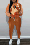 Dark Khaki Figure Print Hooded Long Sleeve Sweatshirt and Drawstring Sweatpants Two Pieces Sweatsuit Sets