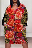 Green Flowers Faux Denim Print Deep V Neck Long Sleeve Women's Casual Outing Straight Loose Fit Tunic Plus Size Midi Dress with Pocket