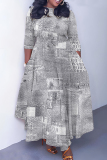 Blue Casual Faux Denim Print O Neck 3/4 Sleeve Belted Pockets Long Vacation Pleated Maxi Dresses