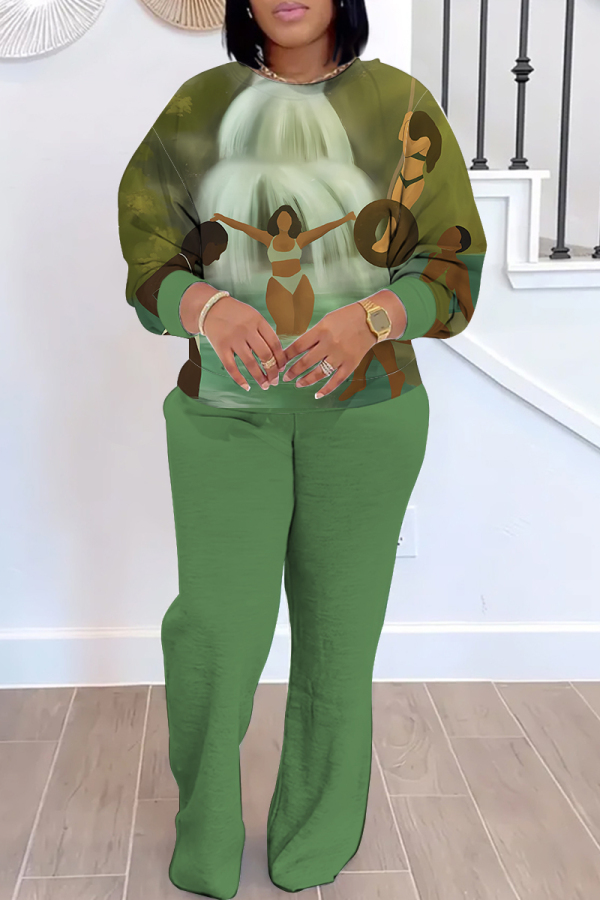 White Casual Girl Print O Neck Long Sleeve Sweatshirt and Drawstring Sweatpants Two Pieces Sweatsuit Sets