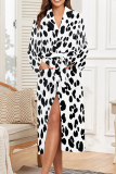 White Graphics Print Long Sleeve Pocket Strap Design Nightgown Lounge Sleepwear