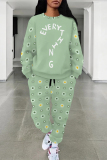 Rose Casual Butterfly Letters Geometric Print O Neck Long Sleeve Sweatshirt and Drawstring Sweatpants Two Pieces Sweatsuit Sets