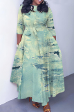Blue Casual Faux Denim Print O Neck 3/4 Sleeve Belted Pockets Long Vacation Pleated Maxi Dresses