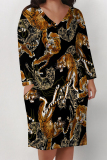 Yellowish Brown Animal Print Deep V Neck Long Sleeve Women's Casual Outing Straight Loose Fit Tunic Plus Size Midi Dress with Pocket