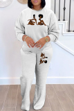 White Casual Girl Print O Neck Long Sleeve Sweatshirt and Drawstring Sweatpants Two Pieces Sweatsuit Sets