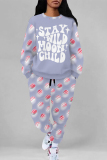 Rose Casual Butterfly Letters Geometric Print O Neck Long Sleeve Sweatshirt and Drawstring Sweatpants Two Pieces Sweatsuit Sets