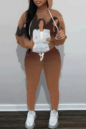 Dark Khaki Figure Print Hooded Long Sleeve Sweatshirt and Drawstring Sweatpants Two Pieces Sweatsuit Sets