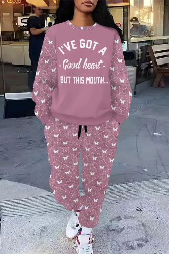 Rose Casual Butterfly Letters Geometric Print O Neck Long Sleeve Sweatshirt and Drawstring Sweatpants Two Pieces Sweatsuit Sets