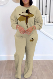 White Casual Girl Print O Neck Long Sleeve Sweatshirt and Drawstring Sweatpants Two Pieces Sweatsuit Sets