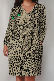 Yellowish Brown Animal Print Deep V Neck Long Sleeve Women's Casual Outing Straight Loose Fit Tunic Plus Size Midi Dress with Pocket