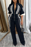 Red Stripe Print Zipper Collar 3/4 Sleeve Casual Sportwear Straight Jumpsuits