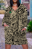 Yellowish Brown Animal Print Deep V Neck Long Sleeve Women's Casual Outing Straight Loose Fit Tunic Plus Size Midi Dress with Pocket