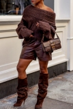 Brown Oblique Collar Off Shoulder Long Sleeve Casual Outing Fall Winter Knitted Sweater