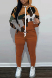 Brown Figure Print Hooded Long Sleeve Sweatshirt and Drawstring Sweatpants Two Pieces Sweatsuit Sets