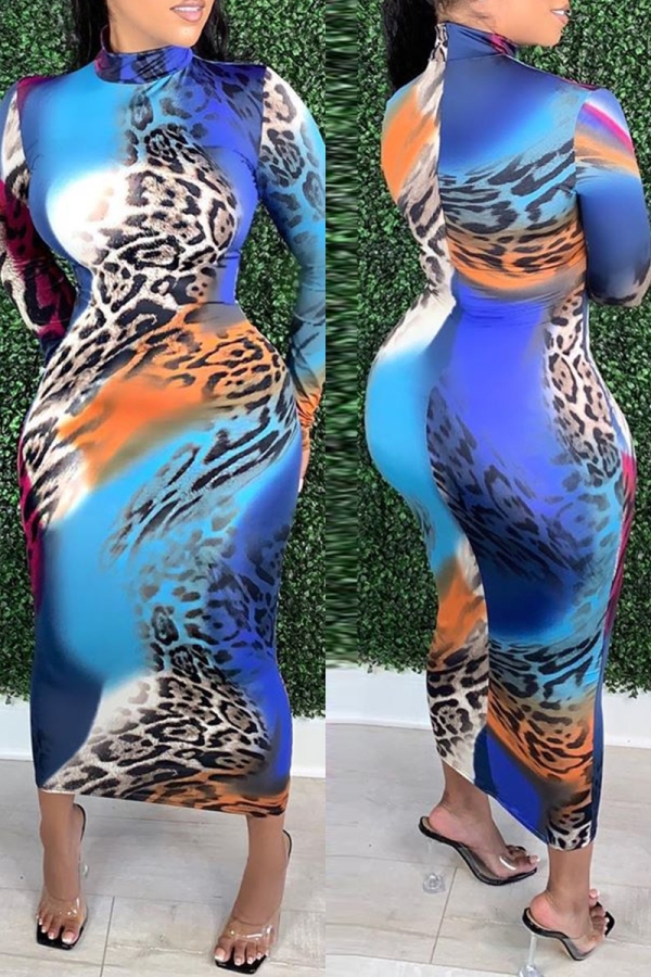 Blue Leopard Print Turtleneck Long Sleeve Casual Outing Long Bodycon Maxi Dresses