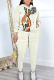 White Figure Print Hooded Long Sleeve Sweatshirt and Drawstring Sweatpants Two Pieces Sweatsuit Sets